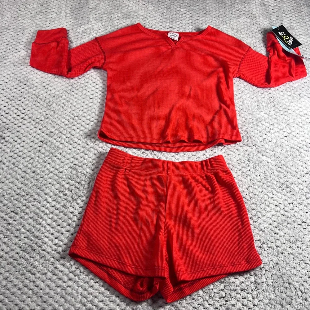 Art Class Red Waffle Knit Sleepwear Pajama Set Top Shorts Flame Resistant XS 4/5
